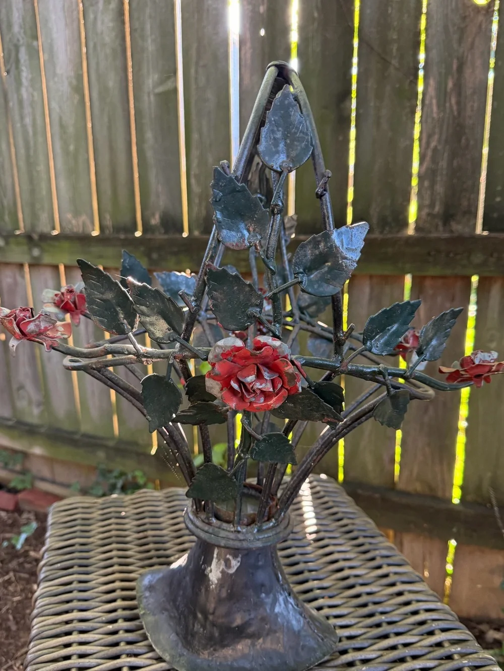 Vintage Handcrafted Wrought Iron Metal Rose Flower Basket Sculpture Rustic